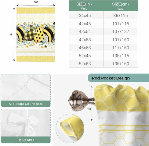 Bee Daisy Tie Up Curtains for Window, Botanical Eucalyptus Leaves Spring Love Yellow Thermal Insulated Balloon Shade Adjustable Rod Pocket Curtains Valance Panels for Kitchen Bathroom Café 42'' x 63'' in Saudi Arabia