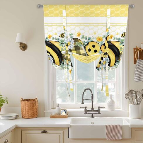 Bee Daisy Tie Up Curtains for Window, Botanical Eucalyptus Leaves Spring Love Yellow Thermal Insulated Balloon Shade Adjustable Rod Pocket Curtains Valance Panels for Kitchen Bathroom Café 42'' x 63'' in Saudi Arabia