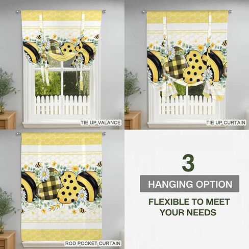 Bee Daisy Tie Up Curtains for Window, Botanical Eucalyptus Leaves Spring Love Yellow Thermal Insulated Balloon Shade Adjustable Rod Pocket Curtains Valance Panels for Kitchen Bathroom Café 42'' x 63'' in Saudi Arabia