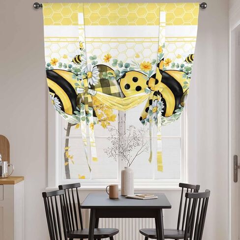 Bee Daisy Tie Up Curtains for Window, Botanical Eucalyptus Leaves Spring Love Yellow Thermal Insulated Balloon Shade Adjustable Rod Pocket Curtains Valance Panels for Kitchen Bathroom Café 42'' x 63'' in Saudi Arabia