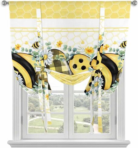 Bee Daisy Tie Up Curtains for Window, Botanical Eucalyptus Leaves Spring Love Yellow Thermal Insulated Balloon Shade Adjustable Rod Pocket Curtains Valance Panels for Kitchen Bathroom Café 42'' x 63'' in Saudi Arabia