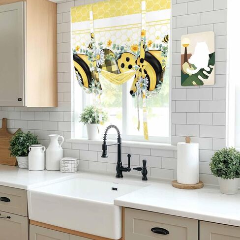 Bee Daisy Tie Up Curtains for Window, Botanical Eucalyptus Leaves Spring Love Yellow Thermal Insulated Balloon Shade Adjustable Rod Pocket Curtains Valance Panels for Kitchen Bathroom Café 42'' x 63'' in Saudi Arabia