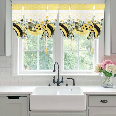 Bee Daisy Tie Up Curtains for Window, Botanical Eucalyptus Leaves Spring Love Yellow Thermal Insulated Balloon Shade Adjustable Rod Pocket Curtains Valance Panels for Kitchen Bathroom Café 42'' x 63'' in Saudi Arabia