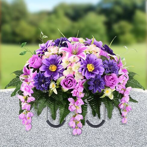 Artificial Cemetery Flowers for Grave, Headstone Flower Saddle Realistic Grave Decorations for Cemetery, UV Resistant Memorial Day Flowers with Lily Rose Sunflower for Headstone Cemetery Grave Decor in Kuwait