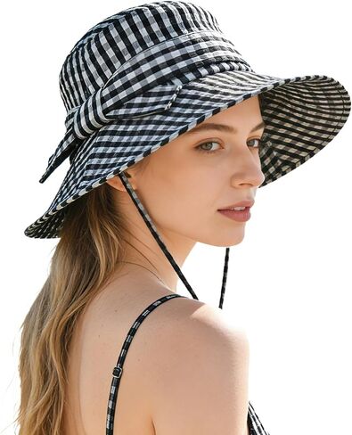 Women's Summer Plaid Sun Hat 100% Cotton Beach UV Protection Fishing Hat in Saudi Arabia
