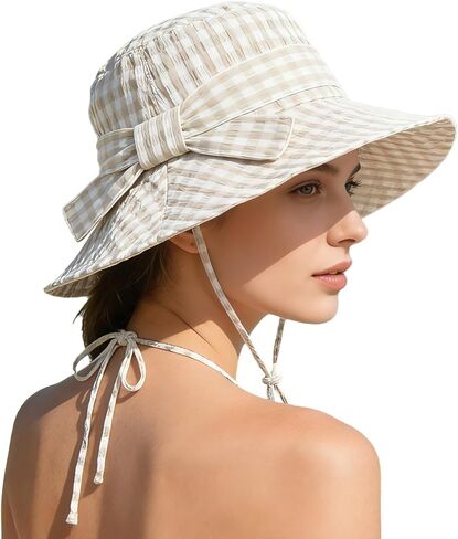 Women's Summer Plaid Sun Hat 100% Cotton Beach UV Protection Fishing Hat in Saudi Arabia