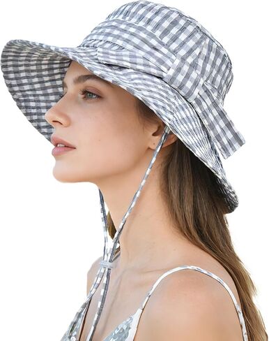 Women's Summer Plaid Sun Hat 100% Cotton Beach UV Protection Fishing Hat in Saudi Arabia