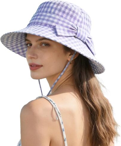 Women's Summer Plaid Sun Hat 100% Cotton Beach UV Protection Fishing Hat in Saudi Arabia