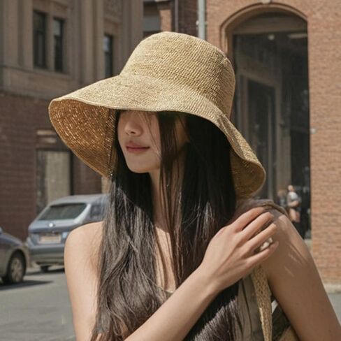 المرأة القش قبعة الشمس الصيف قبعات الشاطئ طوي قبعة مرنة واسعة حافة دلو قبعة الصلبة اليدوية قبعات الحماية من الشمس in Kuwait