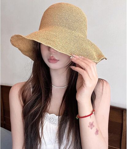 المرأة القش قبعة الشمس الصيف قبعات الشاطئ طوي قبعة مرنة واسعة حافة دلو قبعة الصلبة اليدوية قبعات الحماية من الشمس in Kuwait