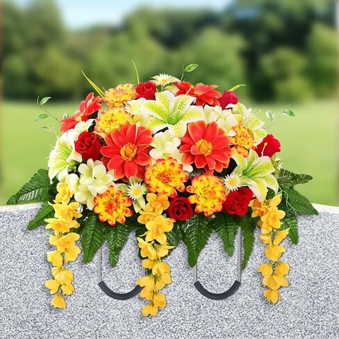 Artificial Cemetery Flowers for Grave, Headstone Flower Saddle Realistic Grave Decorations for Cemetery, UV Resistant Memorial Day Flowers with Lily Rose Sunflower for Headstone Cemetery Grave Decor in Saudi Arabia
