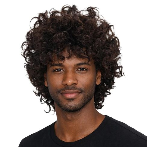 Brown Curly Wig Men 70s 80s Short Fluffy Afro Wig Heat Resistant Synthetic Hair for Halloween Party Costume Daily Use (Brown) in Kuwait
