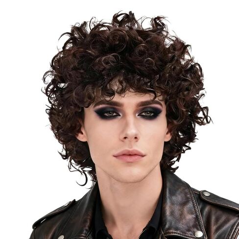 Brown Curly Wig Men 70s 80s Short Fluffy Afro Wig Heat Resistant Synthetic Hair for Halloween Party Costume Daily Use (Brown) in Kuwait