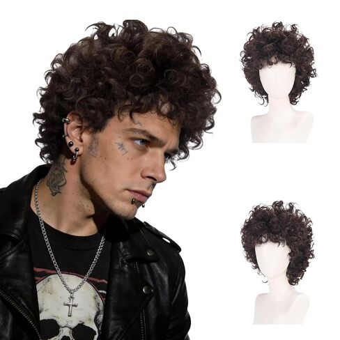 Brown Curly Wig Men 70s 80s Short Fluffy Afro Wig Heat Resistant Synthetic Hair for Halloween Party Costume Daily Use (Brown) in Kuwait
