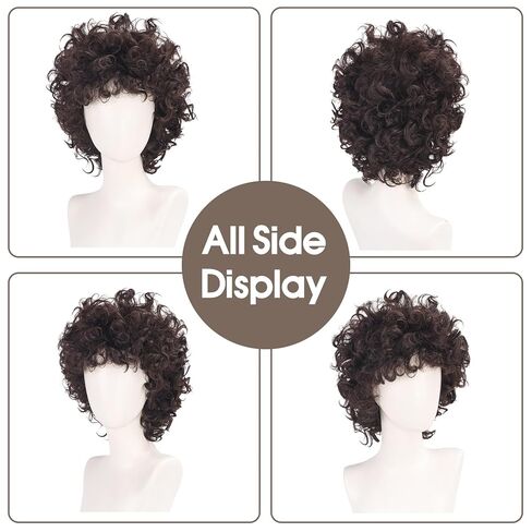 Brown Curly Wig Men 70s 80s Short Fluffy Afro Wig Heat Resistant Synthetic Hair for Halloween Party Costume Daily Use (Brown) in Kuwait