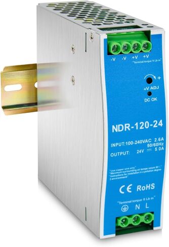 NDR-120-24 Din Rail Power Supply، 120W 24V 5A AC إلى DC Switching Converter، 100-240VAC مدخل عالمي، مع ضبط الجهد ومؤشر DC OK in Kuwait