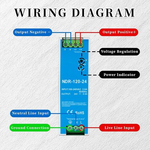 NDR-120-24 Din Rail Power Supply، 120W 24V 5A AC إلى DC Switching Converter، 100-240VAC مدخل عالمي، مع ضبط الجهد ومؤشر DC OK in Kuwait