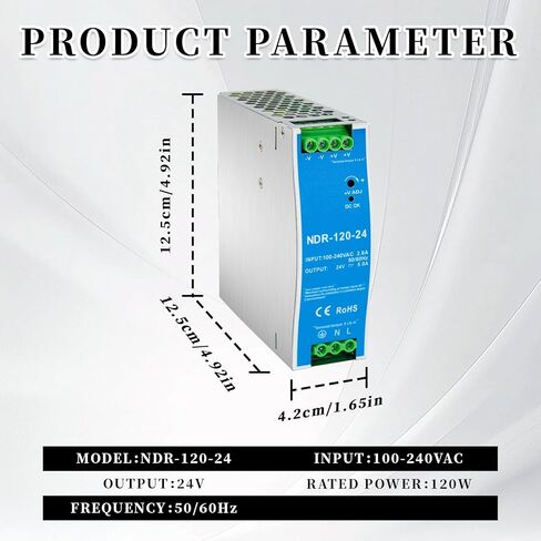 NDR-120-24 Din Rail Power Supply، 120W 24V 5A AC إلى DC Switching Converter، 100-240VAC مدخل عالمي، مع ضبط الجهد ومؤشر DC OK in Kuwait