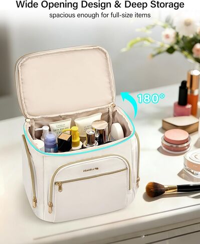 Hanke Large Toiletry Bag for Women Travel, Double Layer Organizer with Wide Opening for Full-Size Cosmetics & Toiletries, 12.2L Water-Resistant Makeup Bag,Off White in Saudi Arabia