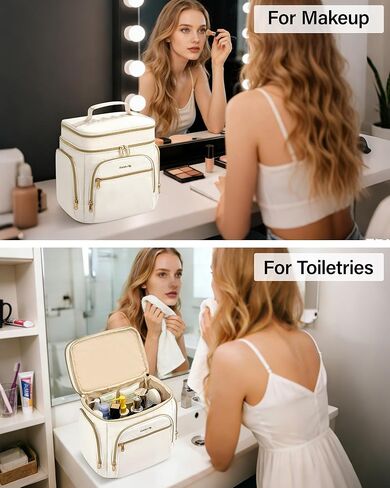 Hanke Large Toiletry Bag for Women Travel, Double Layer Organizer with Wide Opening for Full-Size Cosmetics & Toiletries, 12.2L Water-Resistant Makeup Bag,Off White in Saudi Arabia