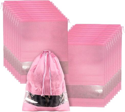 20 Pack Shoe Bags for Travel, 17" x 12.6" Drawstring Shoe Organizers with Clear Window, Breathable Non-Woven Dustproof Pouches for Luggage & Closet (Pink) in Saudi Arabia