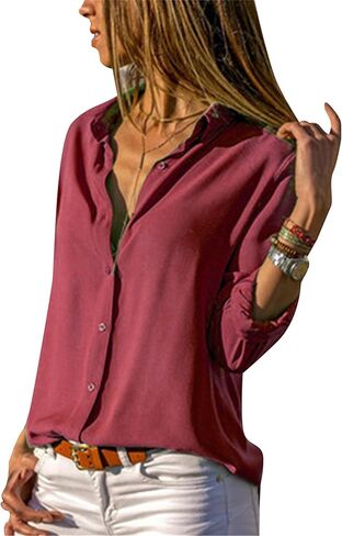 WIWIQS Women's Lapel Long Sleeve Chiffon Shirts Button Down V Neck Blouses Tops in Saudi Arabia