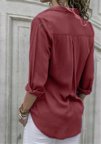 WIWIQS Women's Lapel Long Sleeve Chiffon Shirts Button Down V Neck Blouses Tops in Saudi Arabia