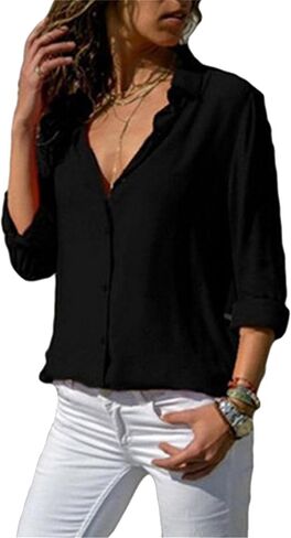 WIWIQS Women's Lapel Long Sleeve Chiffon Shirts Button Down V Neck Blouses Tops in Kuwait