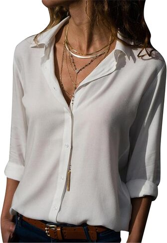 WIWIQS Women's Lapel Long Sleeve Chiffon Shirts Button Down V Neck Blouses Tops in Saudi Arabia