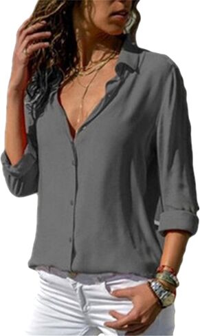WIWIQS Women's Lapel Long Sleeve Chiffon Shirts Button Down V Neck Blouses Tops in Saudi Arabia