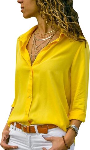 WIWIQS Women's Lapel Long Sleeve Chiffon Shirts Button Down V Neck Blouses Tops in Saudi Arabia