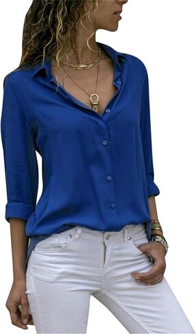 WIWIQS Women's Lapel Long Sleeve Chiffon Shirts Button Down V Neck Blouses Tops in Saudi Arabia