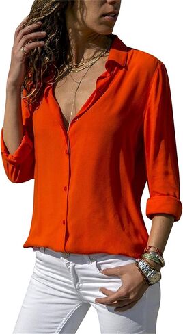 WIWIQS Women's Lapel Long Sleeve Chiffon Shirts Button Down V Neck Blouses Tops in Saudi Arabia