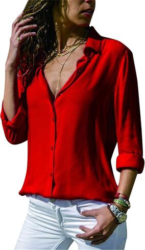 WIWIQS Women's Lapel Long Sleeve Chiffon Shirts Button Down V Neck Blouses Tops in Saudi Arabia