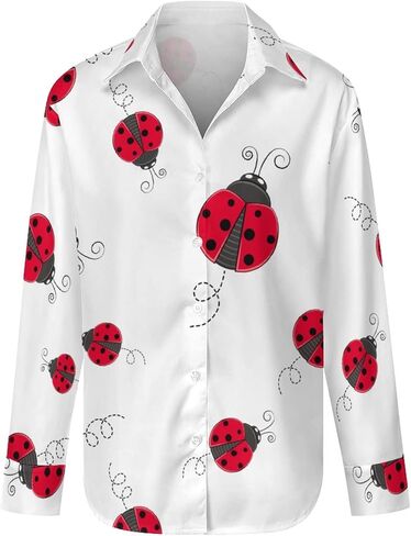 ROBNIK Cute Red Ladybug Cartoon Pattern Women's Button Down Shirts Long Sleeve Blouse Casual Printed Tops in Saudi Arabia