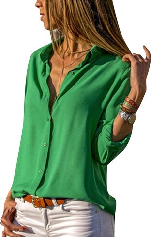 WIWIQS Women's Lapel Long Sleeve Chiffon Shirts Button Down V Neck Blouses Tops in Saudi Arabia