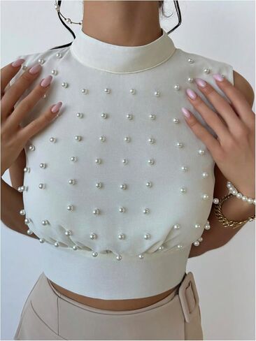 Women's Pearl Beaded Crop Tank Top Mock Neck Sleeveless Blouse in Saudi Arabia