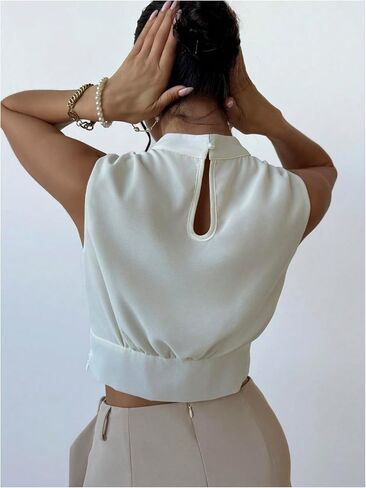 Women's Pearl Beaded Crop Tank Top Mock Neck Sleeveless Blouse in Saudi Arabia