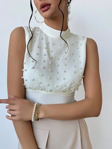 Women's Pearl Beaded Crop Tank Top Mock Neck Sleeveless Blouse in Saudi Arabia