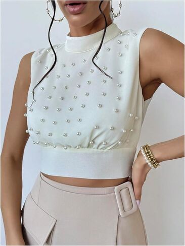Women's Pearl Beaded Crop Tank Top Mock Neck Sleeveless Blouse in Saudi Arabia