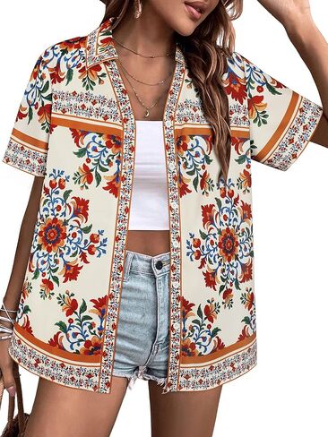Womens Boho Shirts Short Sleeve Dressy Casual V Neck Button Down Shirt Trendy Loose Fit Bohemian Blouses Tops in Kuwait