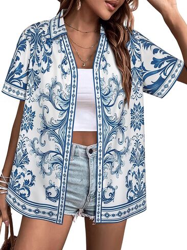 Womens Boho Shirts Short Sleeve Dressy Casual V Neck Button Down Shirt Trendy Loose Fit Bohemian Blouses Tops in Saudi Arabia