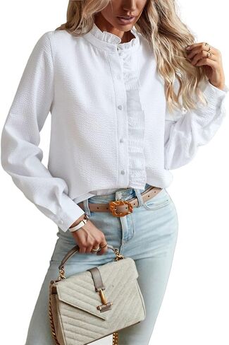 Women's Ruffle Trim Button Up Long Sleeve Blouse Top Striped Stand Collar Elegant Work Shirt in Kuwait