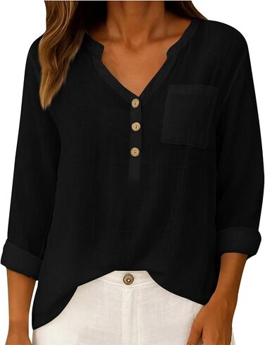 Linen Shirts for Women Trendy V Neck Button Down Long Sleeve Shirt Dressy Casual Cotton Gauze Tops Beach T-Shirt in Saudi Arabia