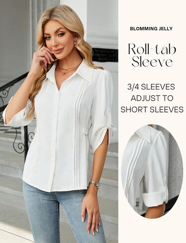 Blooming Jelly Womens Button Down Shirt 3/4 Sleeve Collared Pleated Business Casual Tops Ladies Trendy Summer Work Blouse in Saudi Arabia