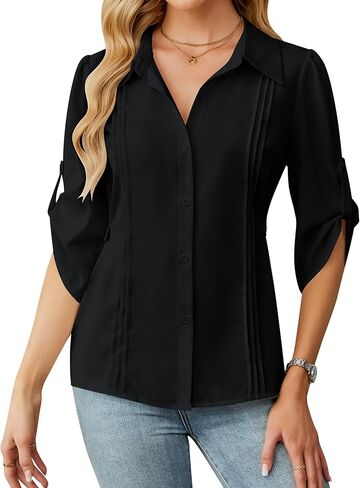 Blooming Jelly Womens Button Down Shirt 3/4 Sleeve Collared Pleated Business Casual Tops Ladies Trendy Summer Work Blouse in Saudi Arabia