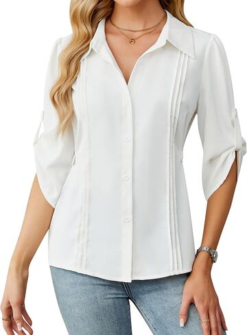Blooming Jelly Womens Button Down Shirt 3/4 Sleeve Collared Pleated Business Casual Tops Ladies Trendy Summer Work Blouse in Saudi Arabia
