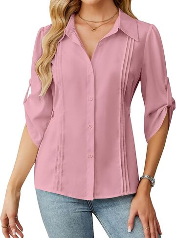 Blooming Jelly Womens Button Down Shirt 3/4 Sleeve Collared Pleated Business Casual Tops Ladies Trendy Summer Work Blouse in Saudi Arabia