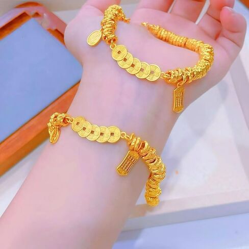 Feng shui Amulet Golden Five Emperor Coins Bracelet Attracting wealth Bring Good Luck,Safty,Healthy,Success Gifts for Mom and Sister in Kuwait
