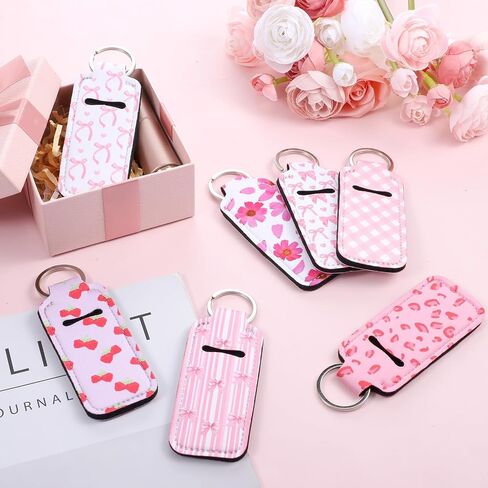 8 قطع حامل أحمر الشفاه سلسلة مفاتيح لطيفة على شكل فيونكة وردية اللون وجيب لبلسم الشفاه منظم محمول لحمل ملمع الشفاه للنساء والفتيات هدية in Kuwait